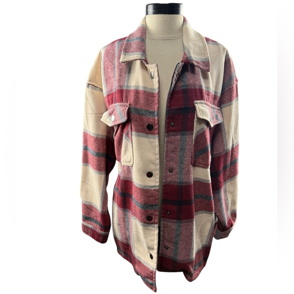 Stylish Plaid Utility Jacket - Red and Cream
